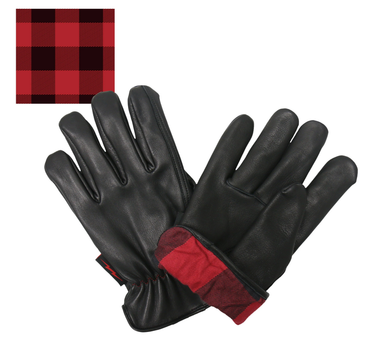 Soft Deerskin Black Leather Cruiser Gloves with Red Check Flannel