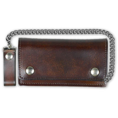 Large Antiqued Brown Leather Bi Fold Wallet Chain & Clip, Lifestyle Accessories - Fat Skeleton UK