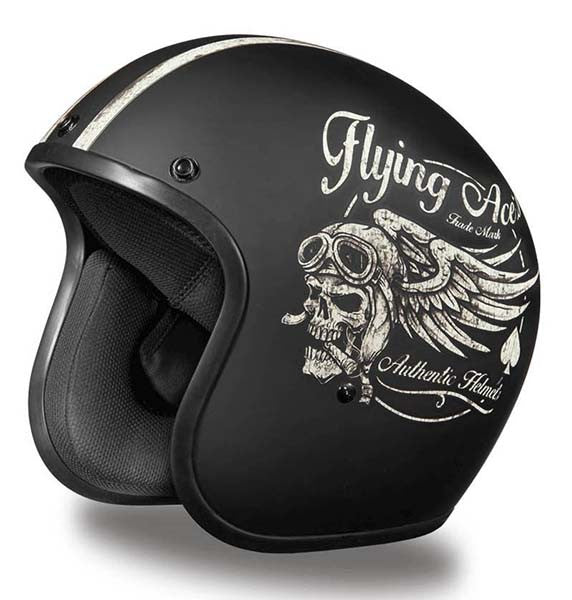 Matt Black 'Flying Skulls' Daytona Low Profile Open Face Helmet NOT UK Road Legal