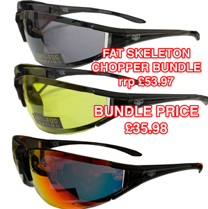 Chopper style Rider Sunglasses by Fat Skeleton 3 pack bundle with yellow lens