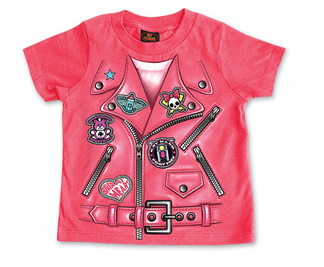 Biker Jacket design Kids T Shirt in Pink Fat Skeleton UK