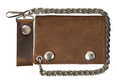 Brown Leather Tri-Fold Chain Wallet