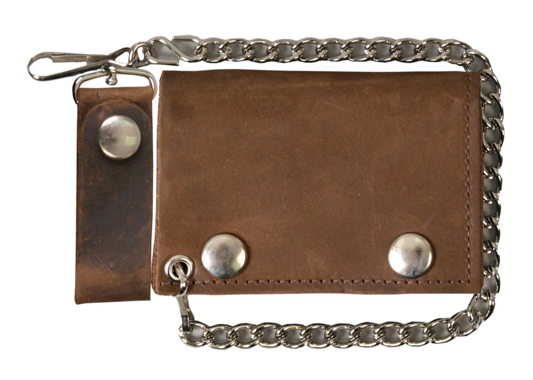 Brown Leather Tri-Fold Chain Wallet