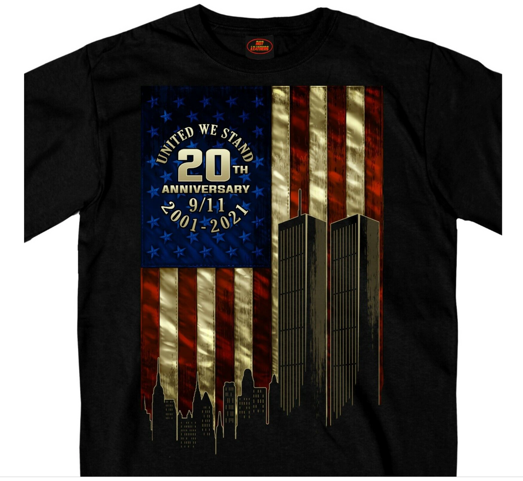 Hot Leathers 9-11 20th Anniversary American Skyline Flag Memorial Biker T Shirt