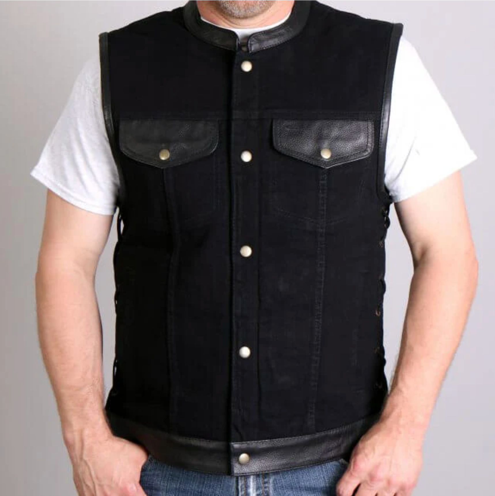 Hot Leathers Men's BlackDenim Biker Vest with Leather Trim