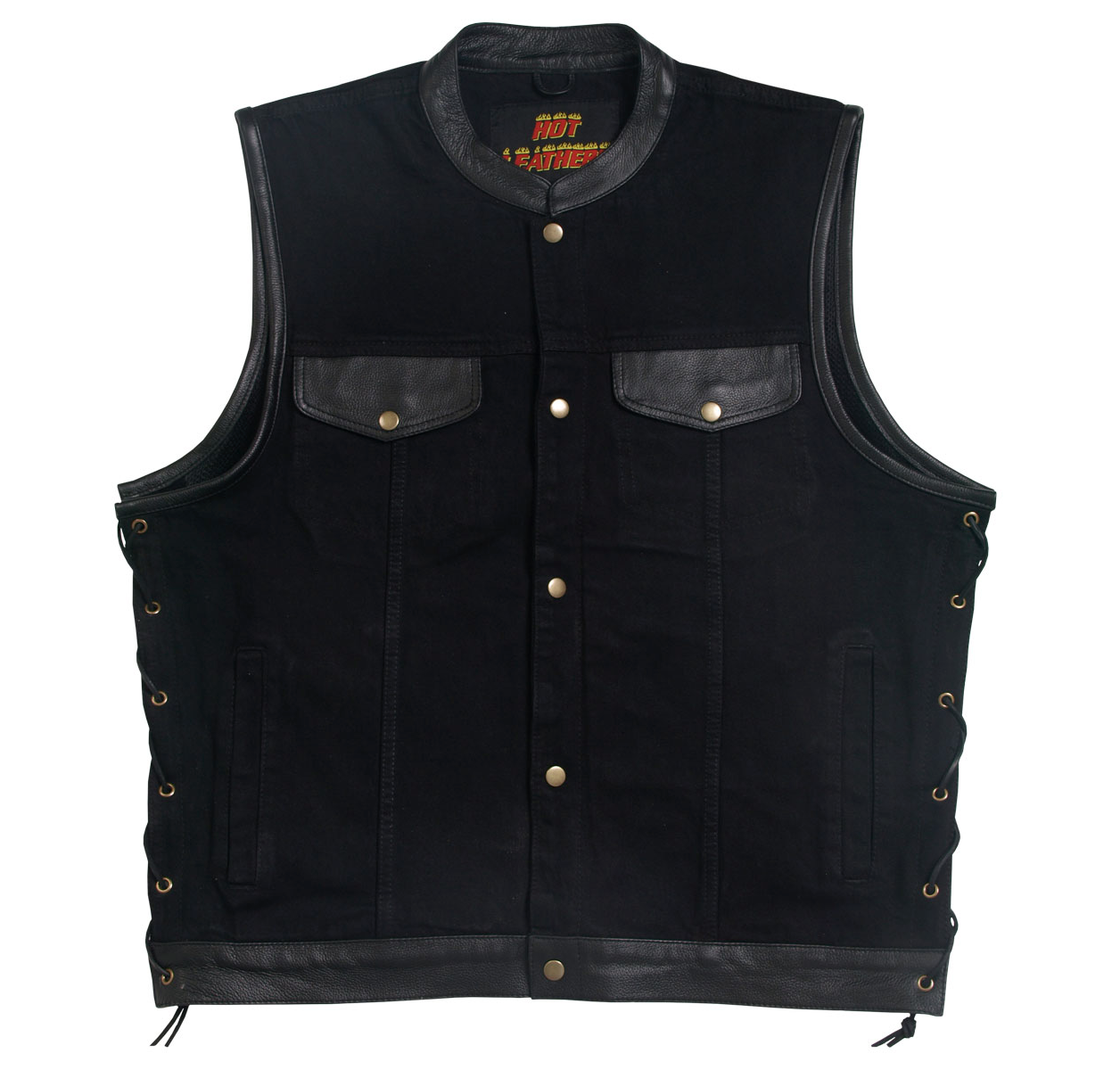 Hot Leathers Men's BlackDenim Biker Vest with Leather Trim Fat