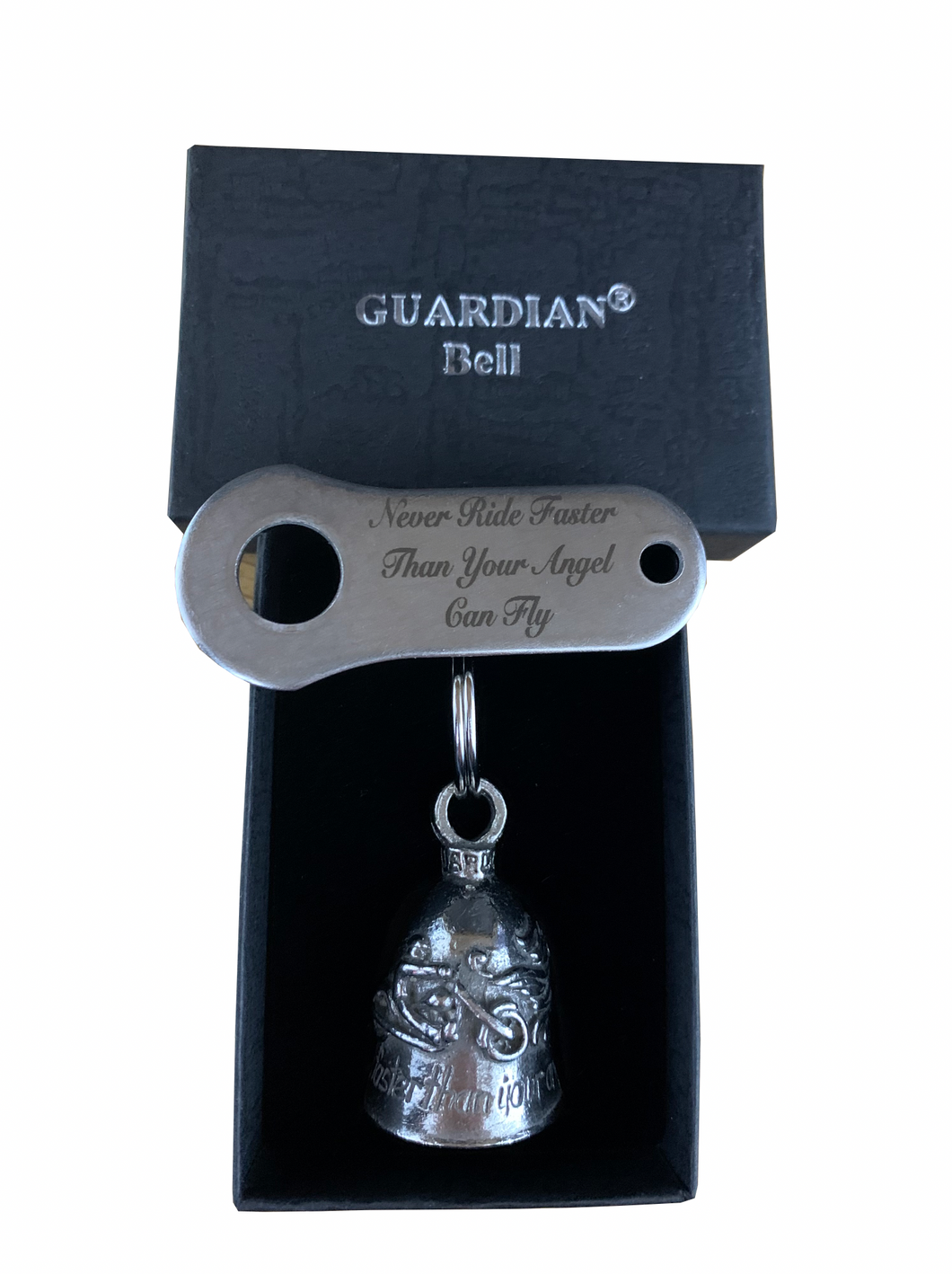 Never Ride Faster Guardian Angel Gremlin Bell plus Engraved Bell Hanger & Gift Box