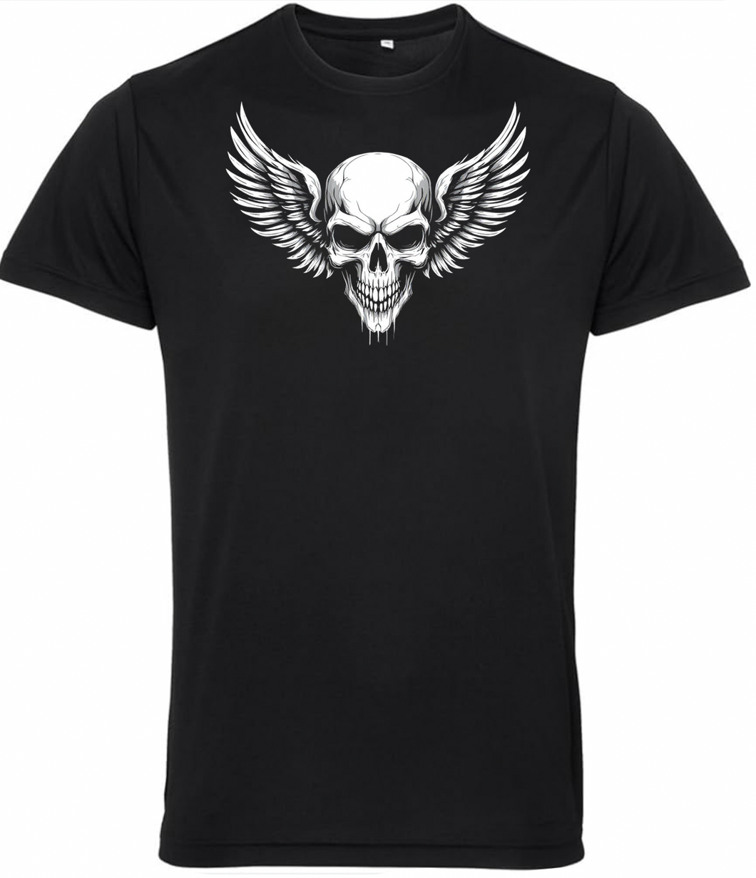 Grinning Skull & Wings Biker T Shirt