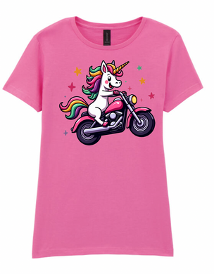 Ladies Biker Wheeliecorn Unicorn Softstyle T Shirt