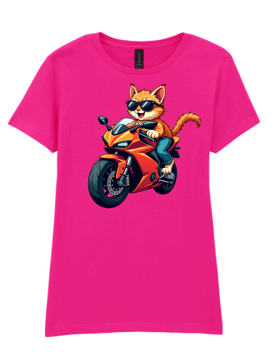 Ladies Biker Burmese Cat Softstyle T Shirt
