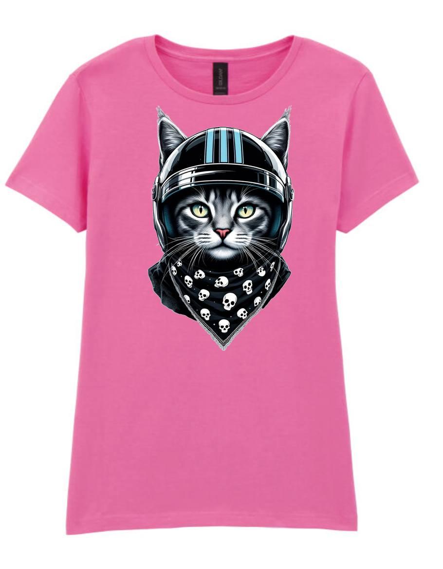 Ladies Biker Blue Helmet Kitty Softstyle T Shirt