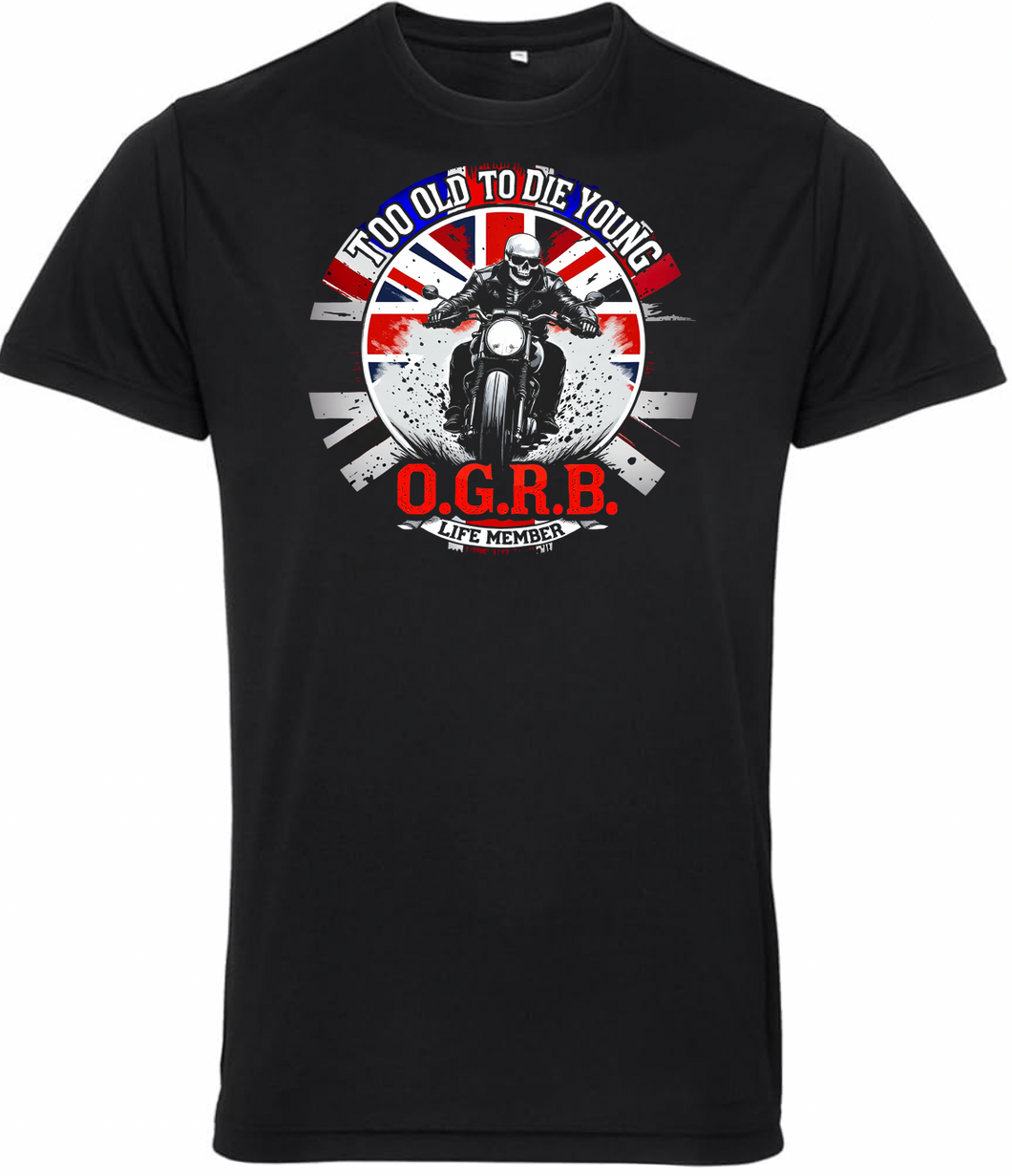 Old Guys Riding Bikes Too Old to Die Young Union Jack T Shirt