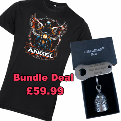 Never Ride Faster Than Your Angel Can Fly Guardian Bell & T Shirt Bundle