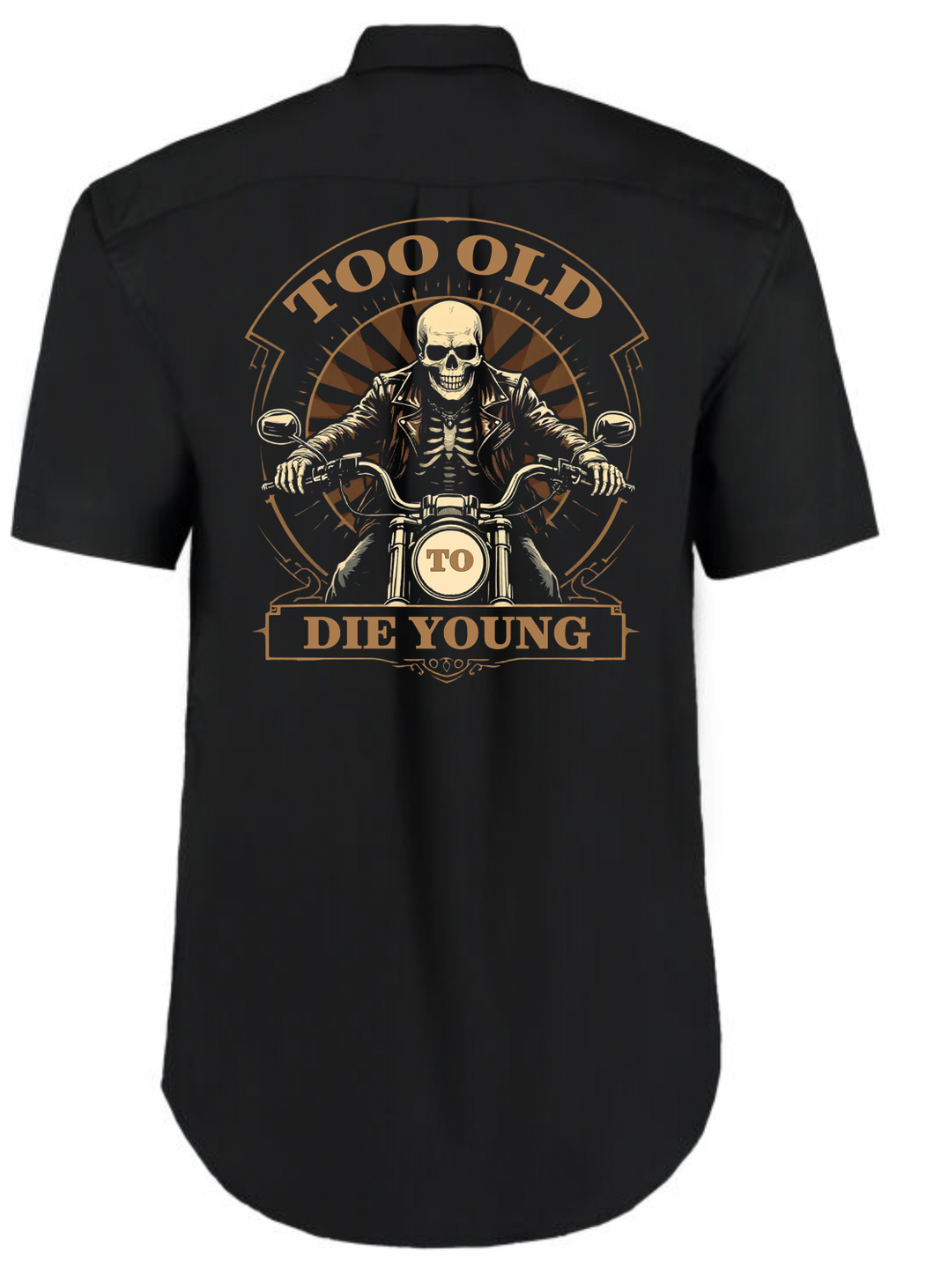 Fat Skeleton Too Old To Die Young Skeleton Biker Garage Work Shirt