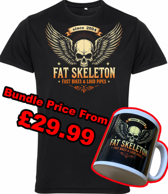 Fat Skeleton NEW Loud Pipes & Fast Bikes Wing Skull Biker T Shirt & Mug Combo