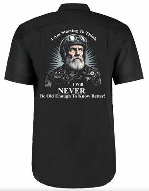 Never Old Enough to Know Better Old Guys Riding Bikes Work Shirt