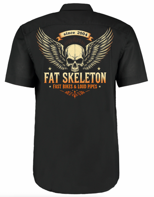 Fat Skeleton Loud Pipes Fast Bikes Biker Garage Work Shirt
