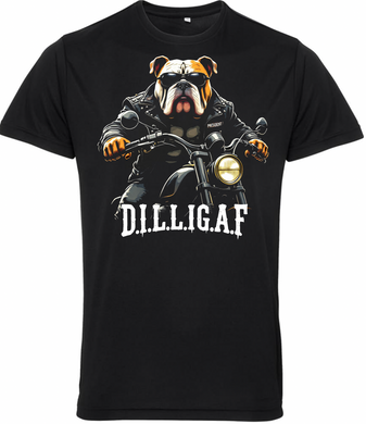 Fat Skeleton DILLIGAF Dog Biker T Shirt