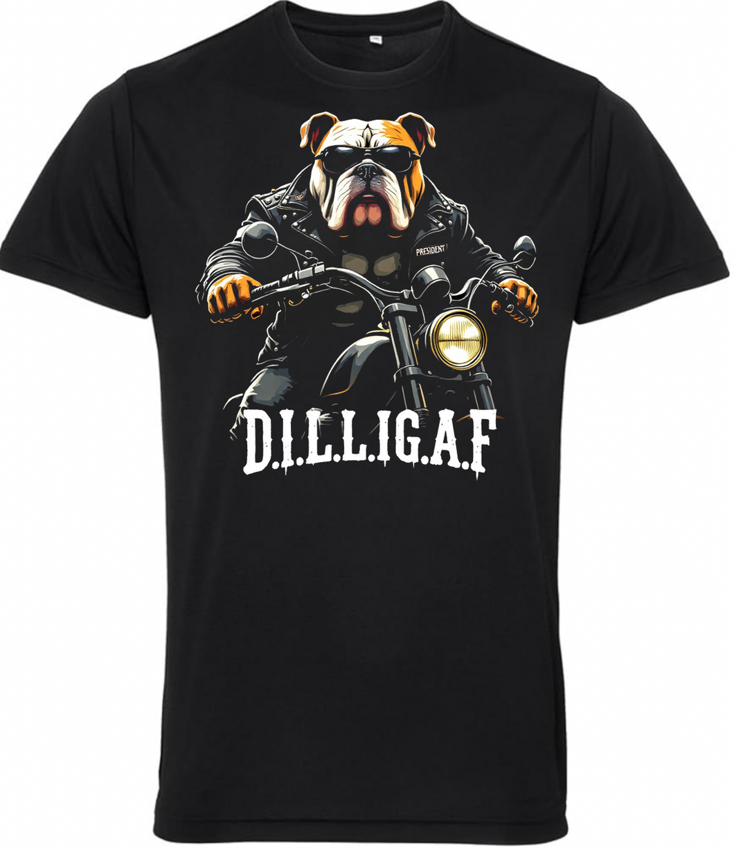 Fat Skeleton DILLIGAF Dog Biker T Shirt