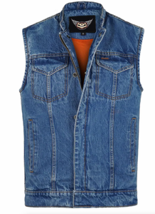 Fat Skeleton Men's Blue Denim Biker Cut Vest