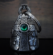 Celtic Cross with Green Crystal Motorcycle Guardian Angel Bell