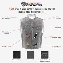 Black Reflective Skull Cowhide Leather Biker Motorcycle Cut