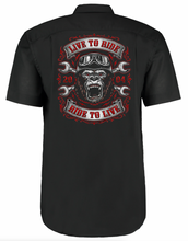 Fat Skeleton Biker Gorilla Live to Ride Garage Work Shirt