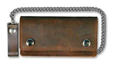 Large Distressed Look Brown Leather Bi Fold Wallet Chain & Clip