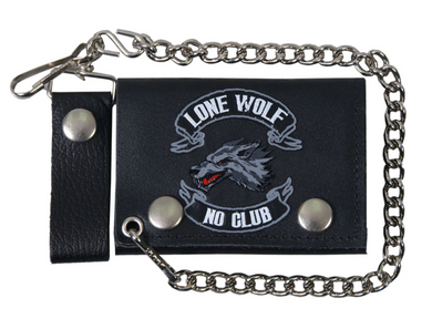Lone Wolf Tri-Fold Leather Wallet with Security Chain