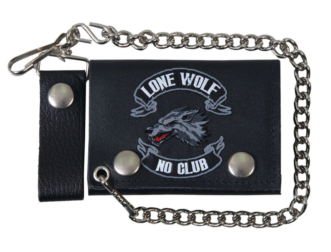 Lone Wolf Tri-Fold Leather Wallet with Security Chain