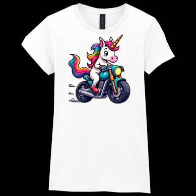 Ladies Biker Rainbow Unicorn Softstyle T Shirt
