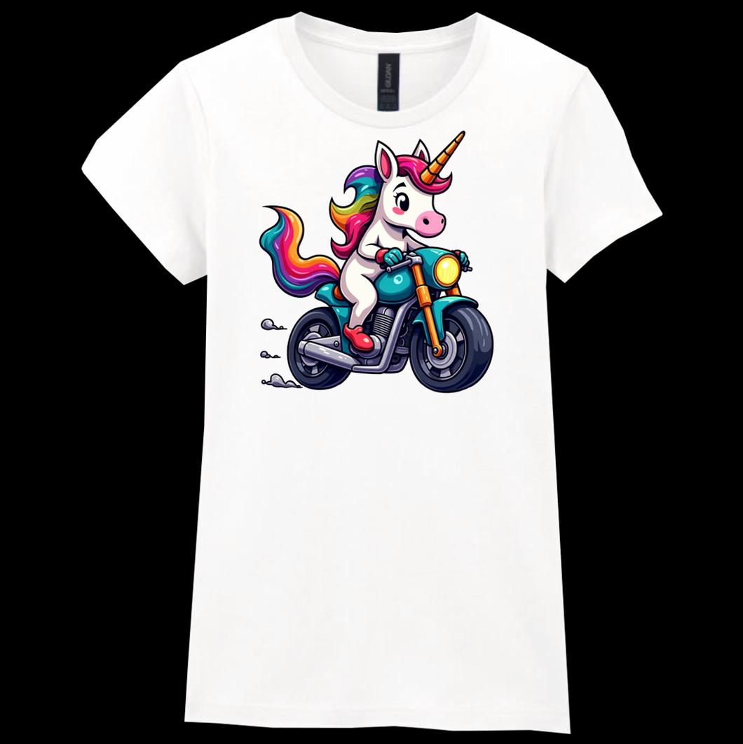 Ladies Biker Rainbow Unicorn Softstyle T Shirt