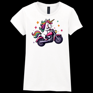 Ladies Biker Wheeliecorn Unicorn Softstyle T Shirt