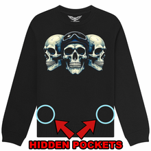Fat Skeleton 3 SKULLS "Stealth" zip pocket Sweatshirt - Fat Skeleton UK