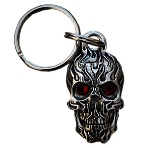 Flame Skull with Red Crystal Eyes Pewter Key Ring