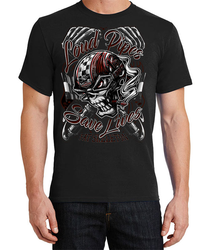 Fat Skeleton Loud Pipes Save Lives T Shirt, Mens Clothing - Fat Skeleton UK