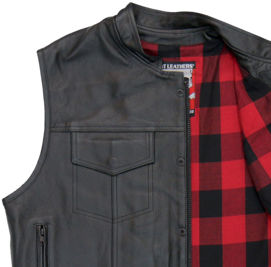 Red Flannel Lined Club Style Leather Waistcoat / Cut by Hot Leathers