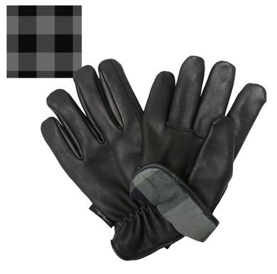 Soft Deerskin Black Leather Cruiser Gloves with Grey Check Flannel Lining