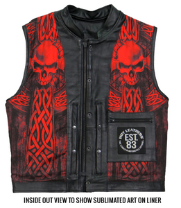 Celtic Cross & Skull Lined Club Style Leather Waistcoat / Cut by Hot Leathers