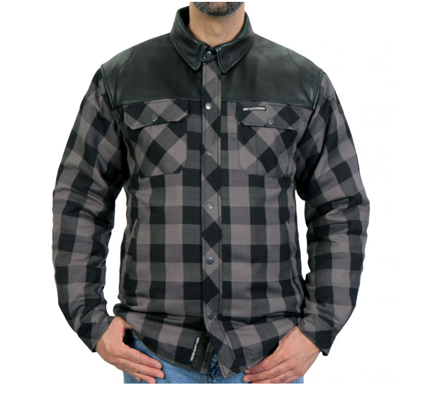Hot Leathers Kevlar Reinforced Leather And Grey Check Flannel Jacket Shirt Fat Skeleton UK