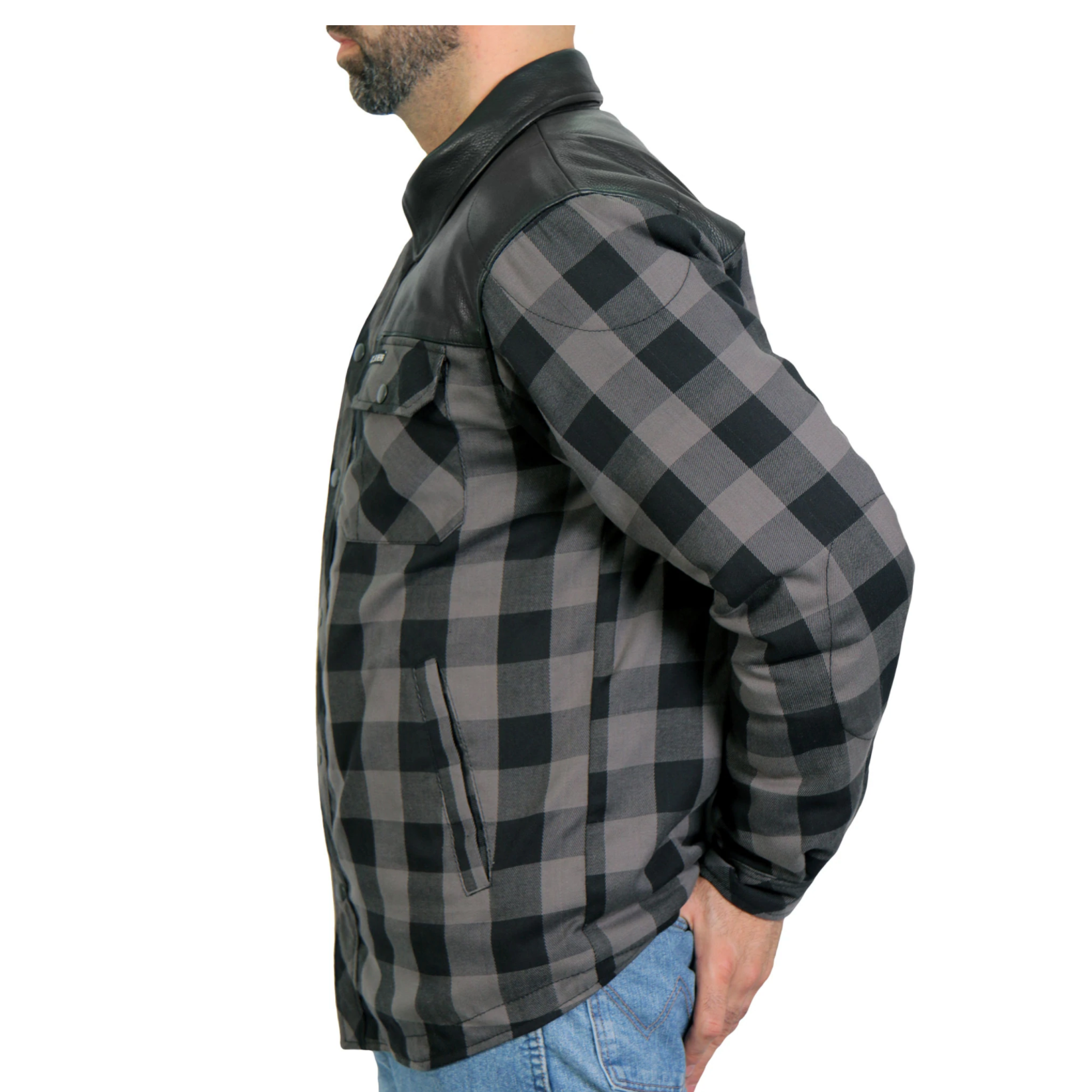 Hot Leathers Kevlar Reinforced Leather And Grey Check Flannel Jacket Shirt Fat Skeleton UK