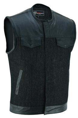 'Big Bloke' 6XL Denim & Leather (chest trim) Trim Outlaw Club Style Waistcoat / Cut by Vance Leathers USA