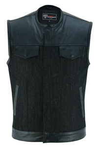 'Big Bloke' Denim & Leather (chest trim) Trim Outlaw Club Style Waistcoat / Cut by Vance Leathers USA