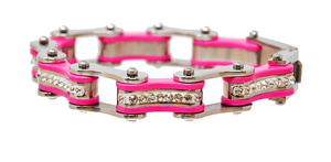 Two Tone Silver and Pink Bike Chain Bracelet with White Crystal Centers