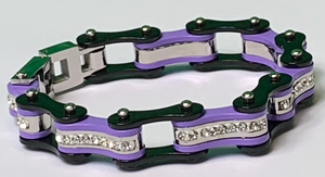 Ladies Two Tone Black, and Purple Bike Chain Bracelet with White Crystal Centers