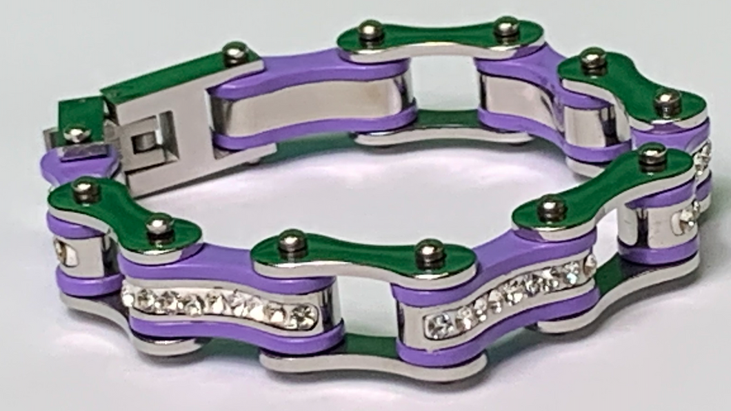 Ladies Two Tone Silver, and Purple Bike Chain Bracelet with White Crystal Centers