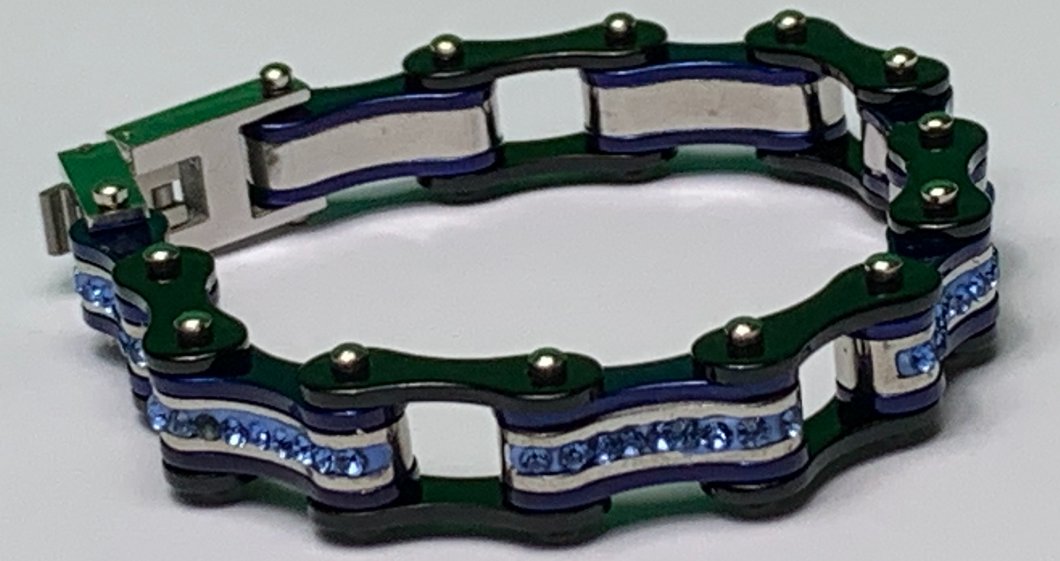 Ladies Two Tone Black, and Dark Blue Bike Chain Bracelet with White Crystal Centers