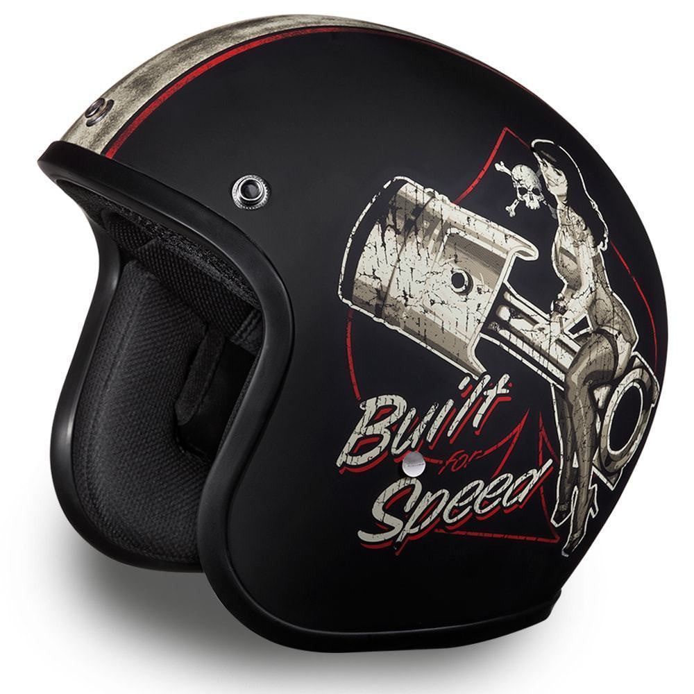 Matt Black 'Built for Speed' - Daytona Low Profile D.O.T. Open Face Helmet, Open Face Helmets - Fat Skeleton UK