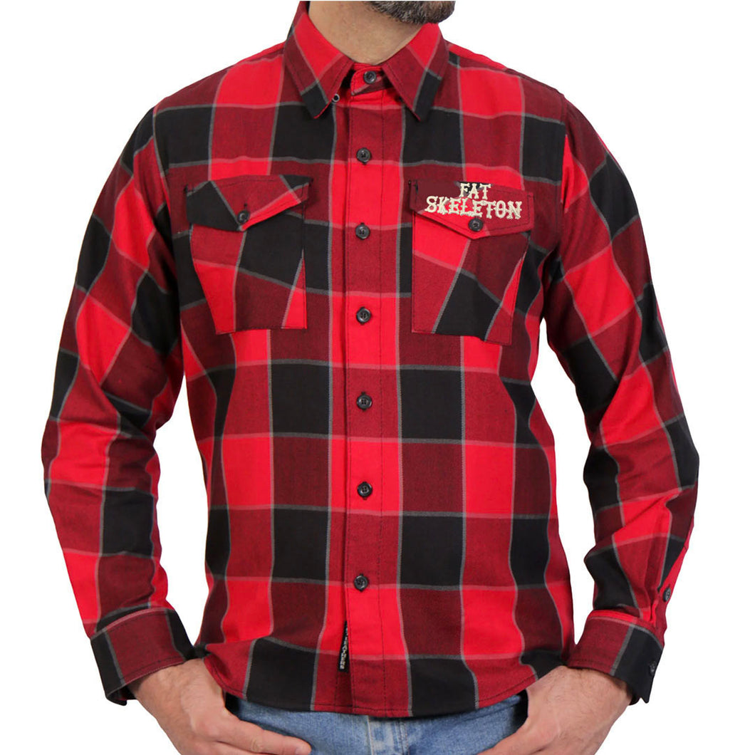 Fat Skeleton 3D logo Red & Black Check Flannel Shirt