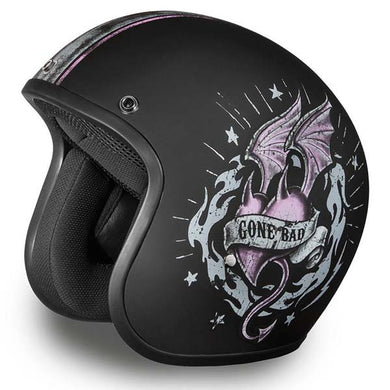 Matt Black 'Good Girl Gone Bad' - Daytona Low Profile D.O.T. Open Face Helmet, Open Face Helmets - Fat Skeleton UK